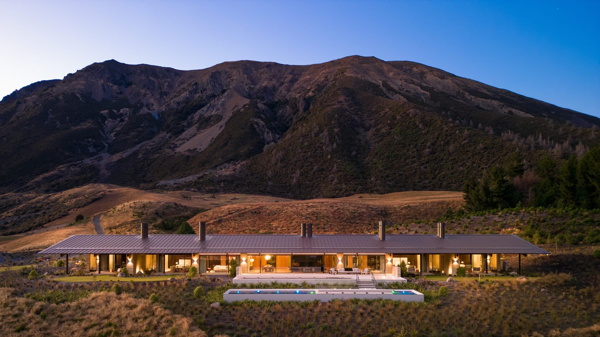 The Flockhill homestead at dusk in the Arthur’s Pass high country